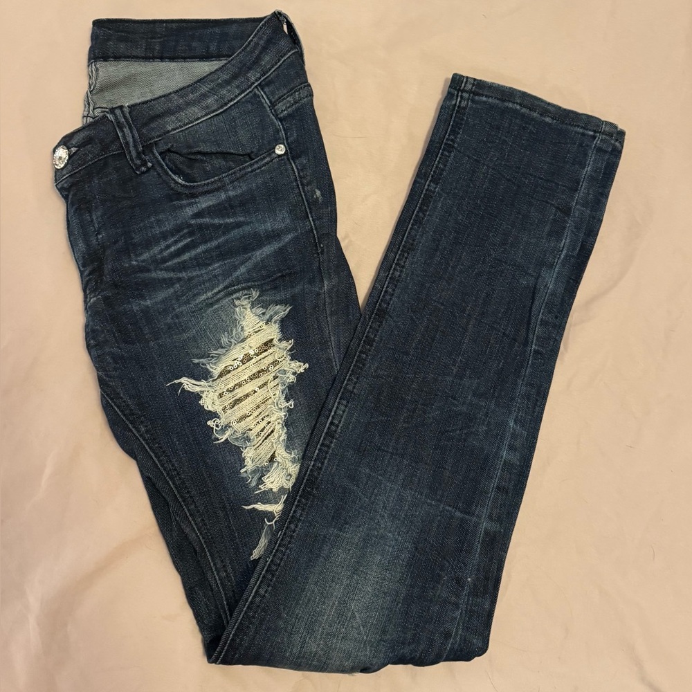 Machine Dark Blue Distressed Skinny Jeans with Peekaboo Gold Sequence Design